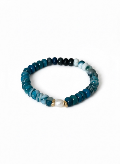 Blue and White Agate with Natural Pearl Stretch Bracelet