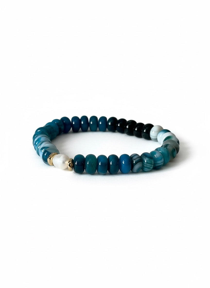 Blue and White Agate with Natural Pearl Stretch Bracelet