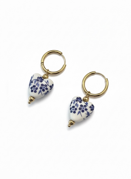 Blue + White Porcelain Heart Huggie Hoop Earrings