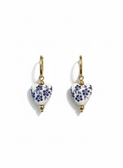 Blue + White Porcelain Heart Huggie Hoop Earrings