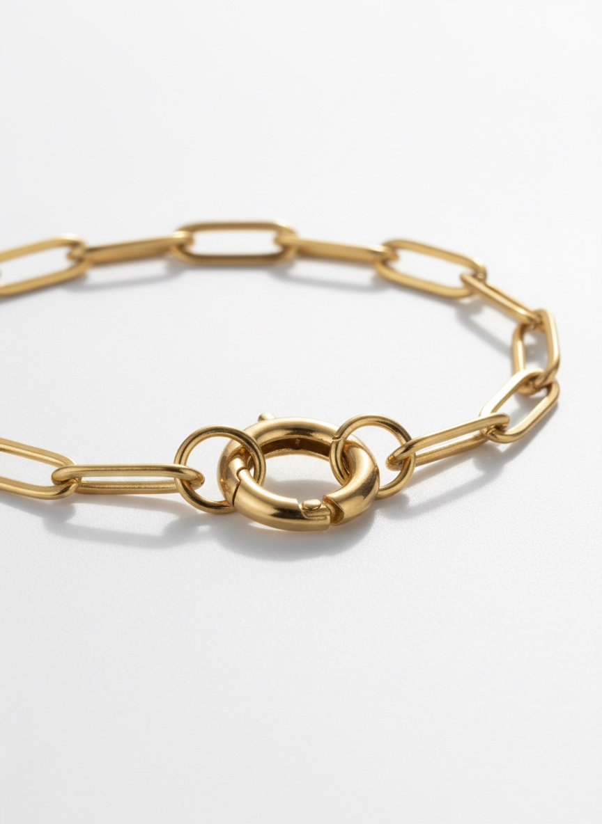 Gold Paperclip Round Carabiner Charm Bracelet