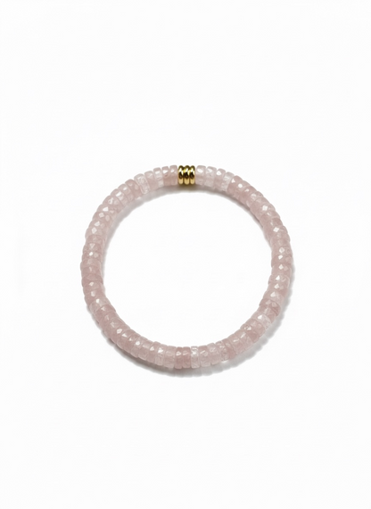 Faceted Rose Quartz Heishi Stretch Bracelet with 3 Gold Beads