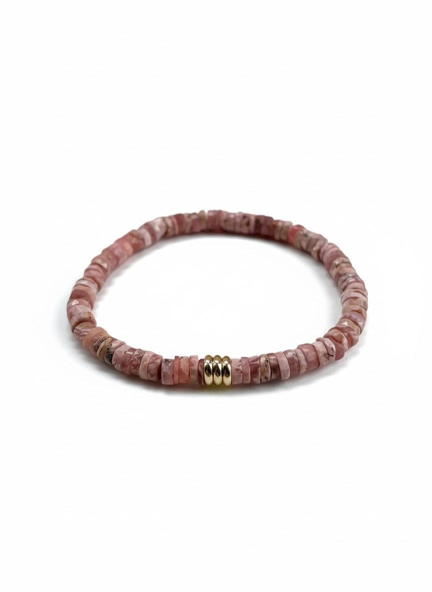 Faceted Rhodochrosite Heishi Stretch Bracelet with Gold