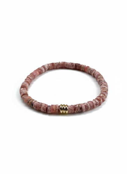 Faceted Rhodochrosite Heishi Stretch Bracelet with Gold