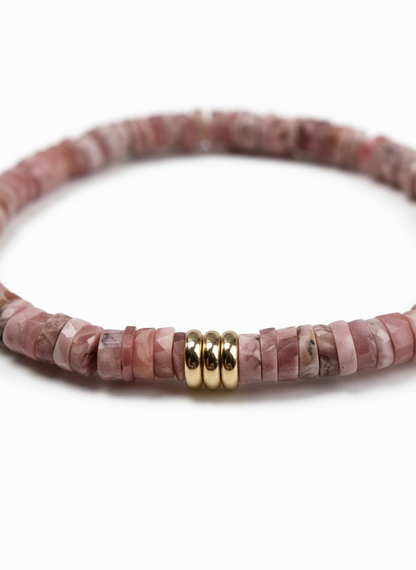 Faceted Rhodochrosite Heishi Stretch Bracelet with Gold