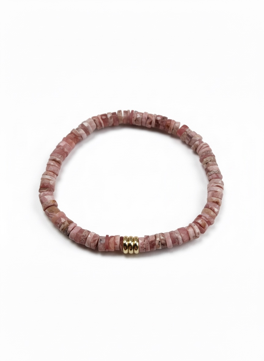 Faceted Rhodochrosite Heishi Stretch Bracelet with Gold