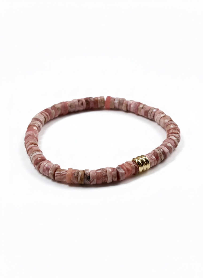 Faceted Rhodochrosite Heishi Stretch Bracelet with Gold