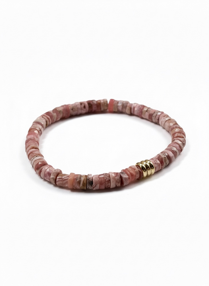 Faceted Rhodochrosite Heishi Stretch Bracelet with Gold