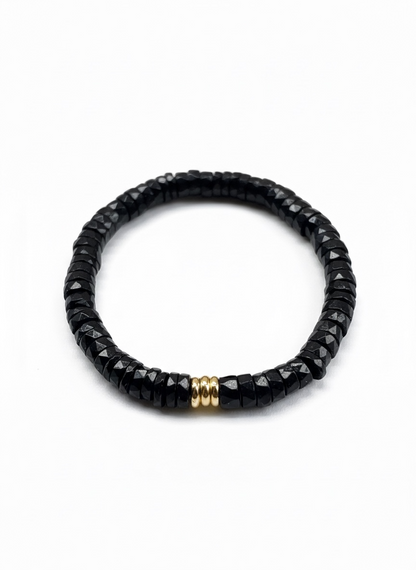 Faceted Black Tourmaline Heishi Stretch Bracelet with 3 Gold Beads