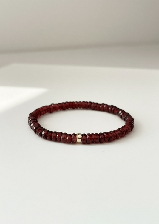 Faceted Garnet Heishi Stretch Bracelet with Gold or Silver