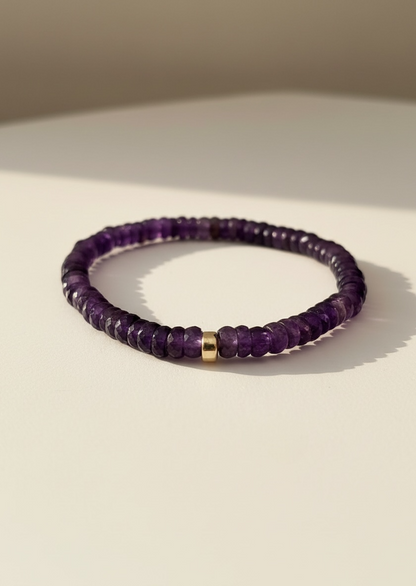 Faceted Heishi Amethyst Stretch Bracelet with Gold