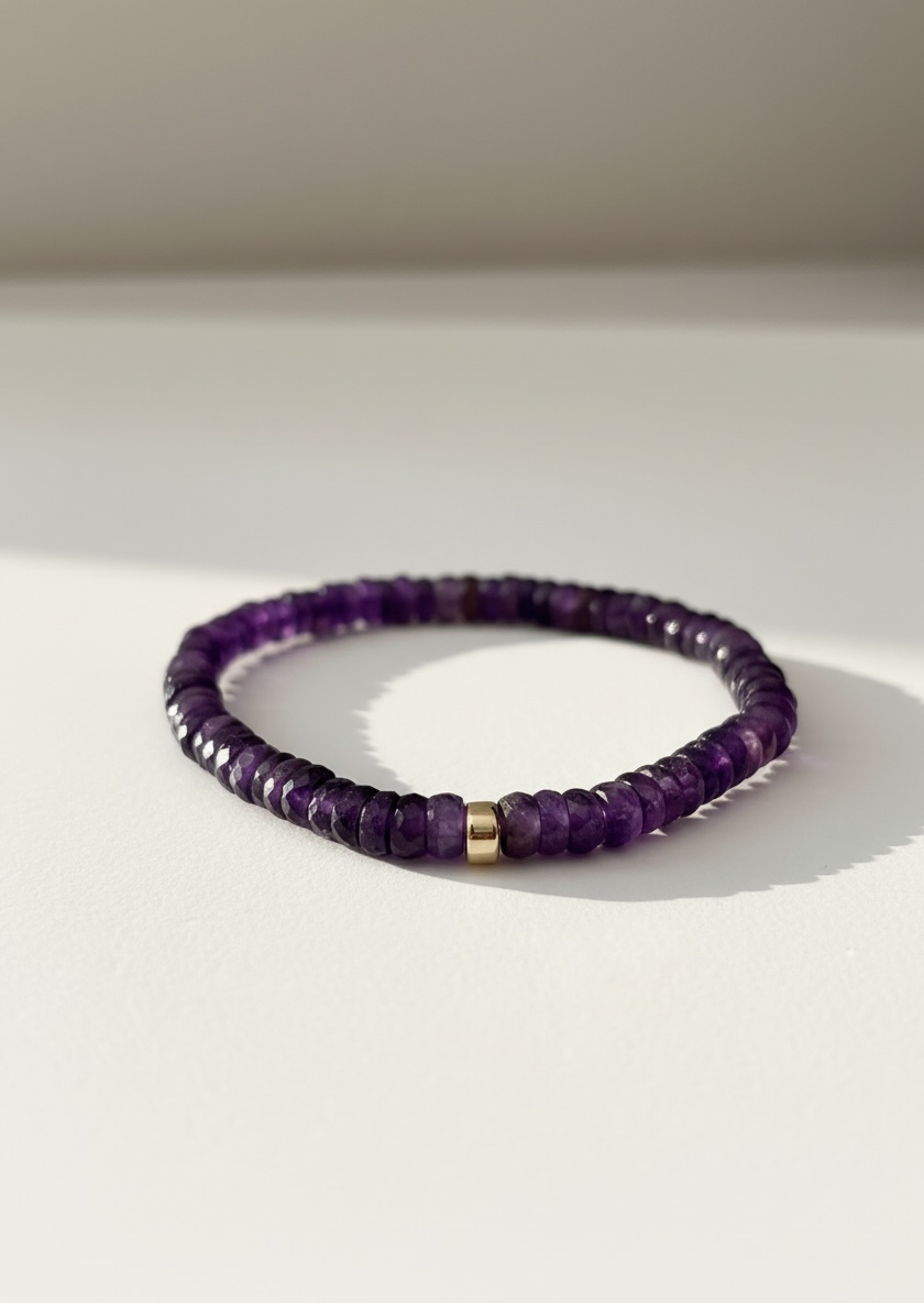 Faceted Heishi Amethyst Stretch Bracelet with Gold
