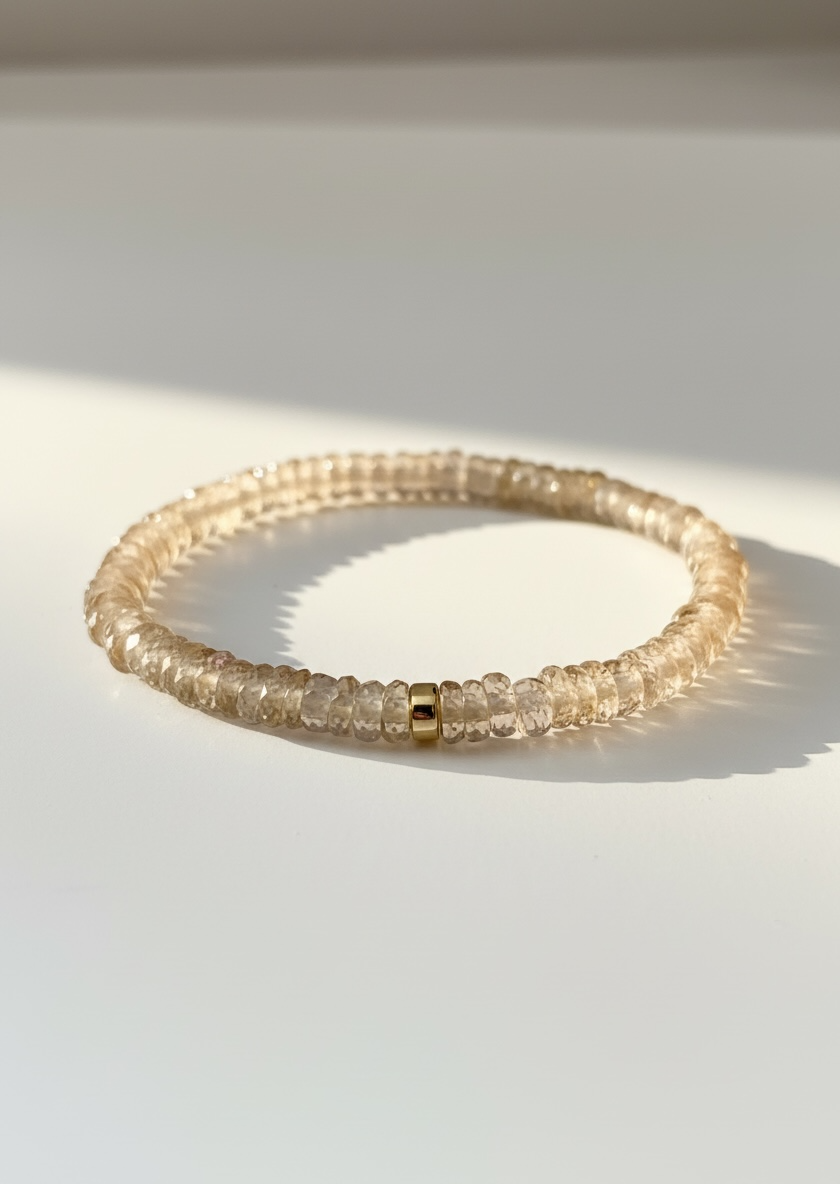 Faceted Champagne Quartz Heishi Stretch Bracelet with Gold