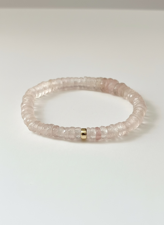 Faceted Rose Quartz Heishi Stretch Bracelet with Gold