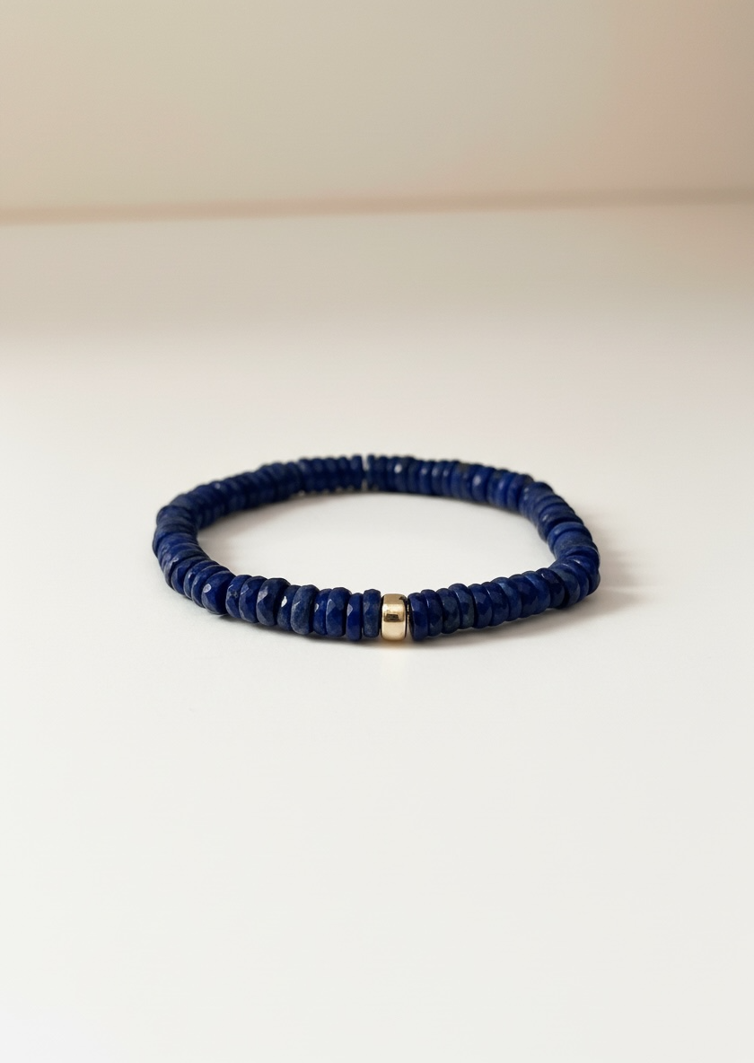 Faceted Lapis Lazuli Heishi Stretch Bracelet with Gold