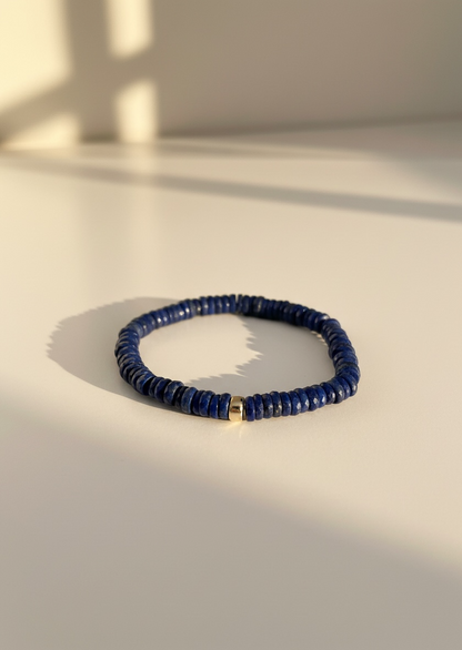 Faceted Lapis Lazuli Heishi Stretch Bracelet with Gold