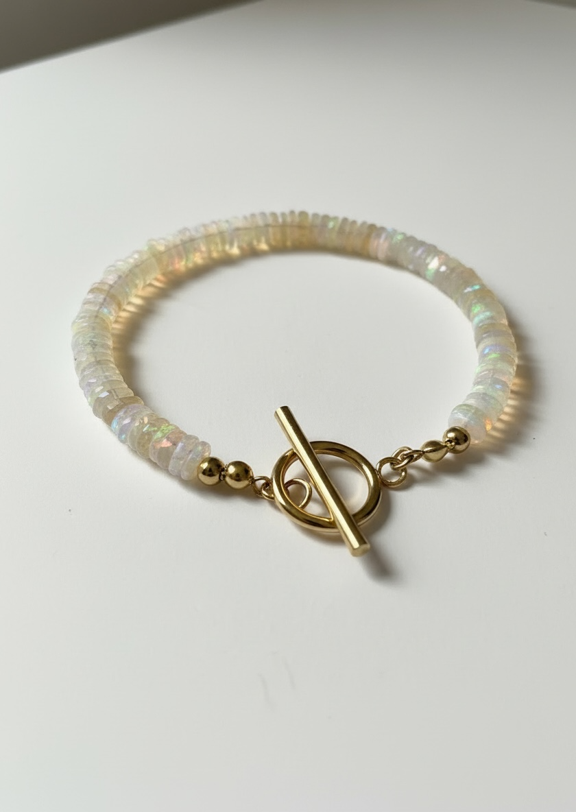 Natural Ethiopian Opal Faceted Heishi Bracelet with Gold Toggle Clasp