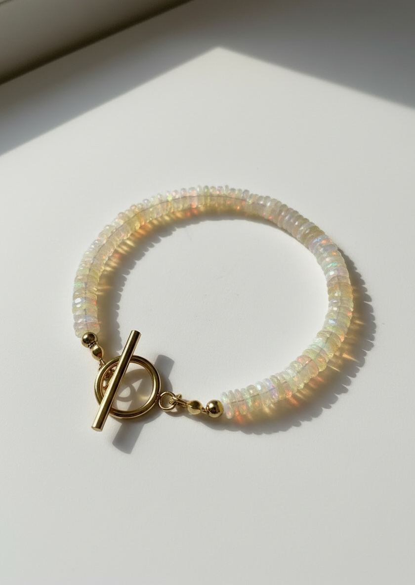 Natural Ethiopian Opal Faceted Heishi Bracelet with Gold Toggle Clasp