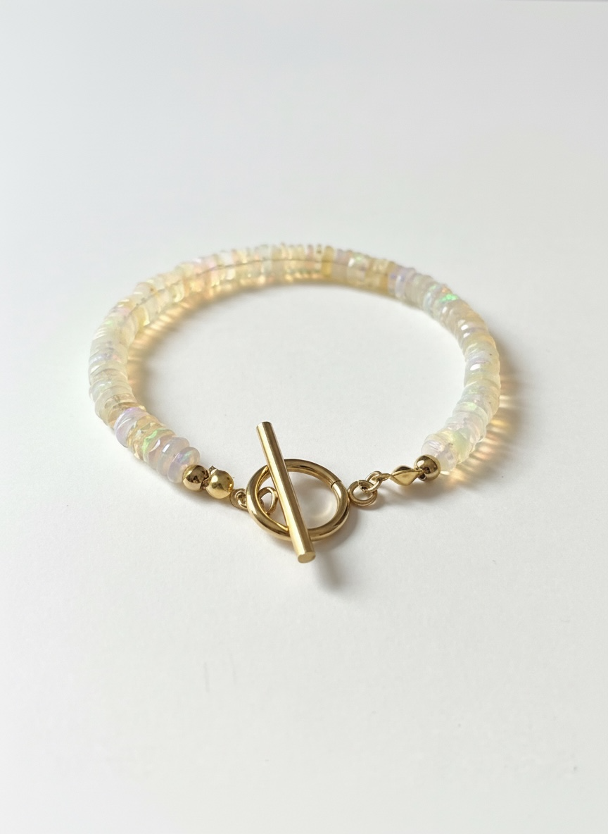 Natural Ethiopian Opal Faceted Heishi Bracelet with Gold Toggle Clasp