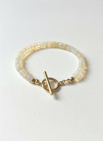 Natural Ethiopian Opal Faceted Heishi Bracelet with Gold Toggle Clasp