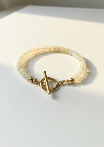 Natural Ethiopian Opal Faceted Heishi Bracelet with Gold Toggle Clasp
