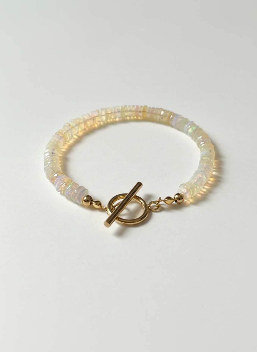 Natural Ethiopian Opal Faceted Heishi Bracelet with Gold Toggle Clasp