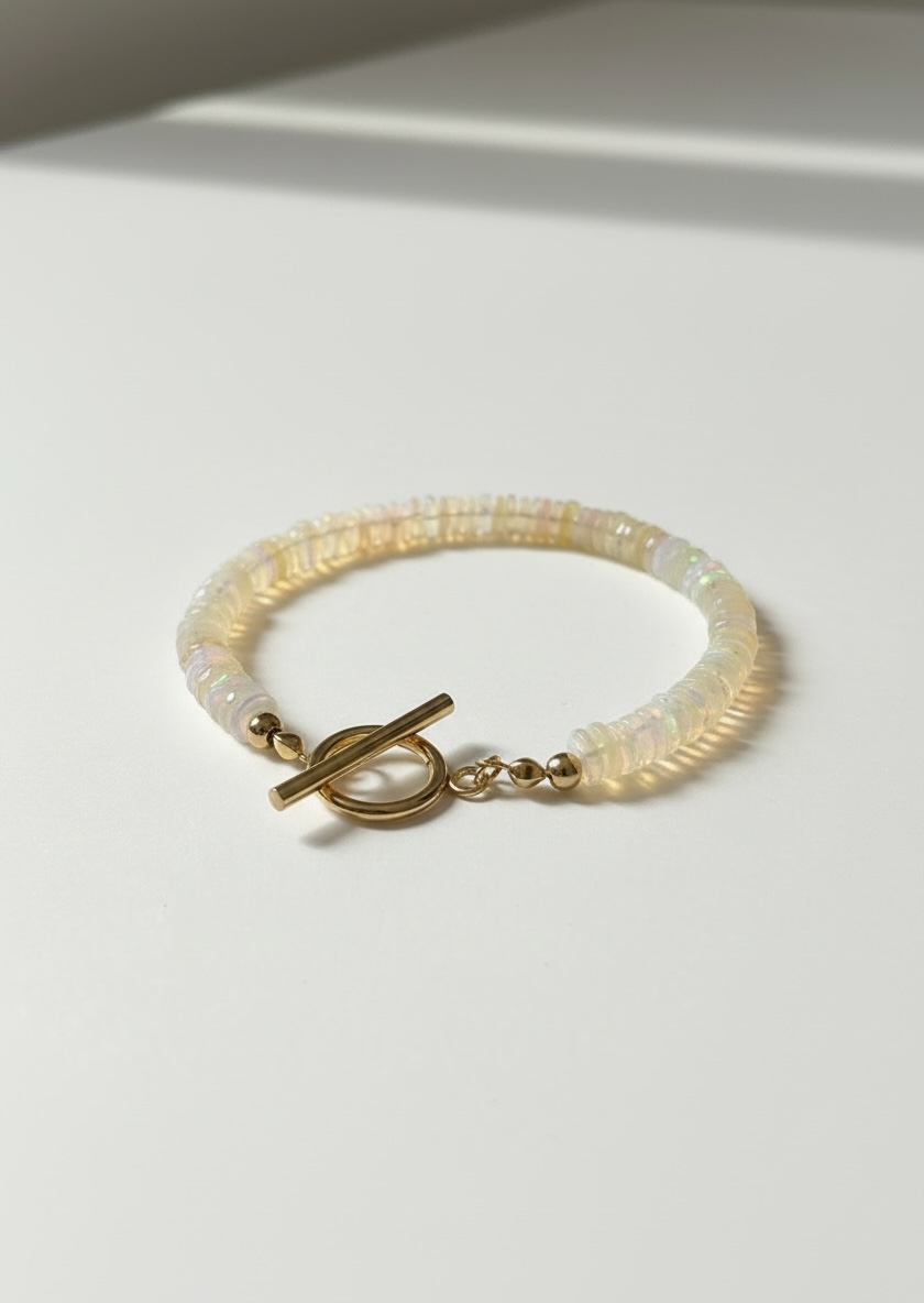 Natural Ethiopian Opal Faceted Heishi Bracelet with Gold Toggle Clasp