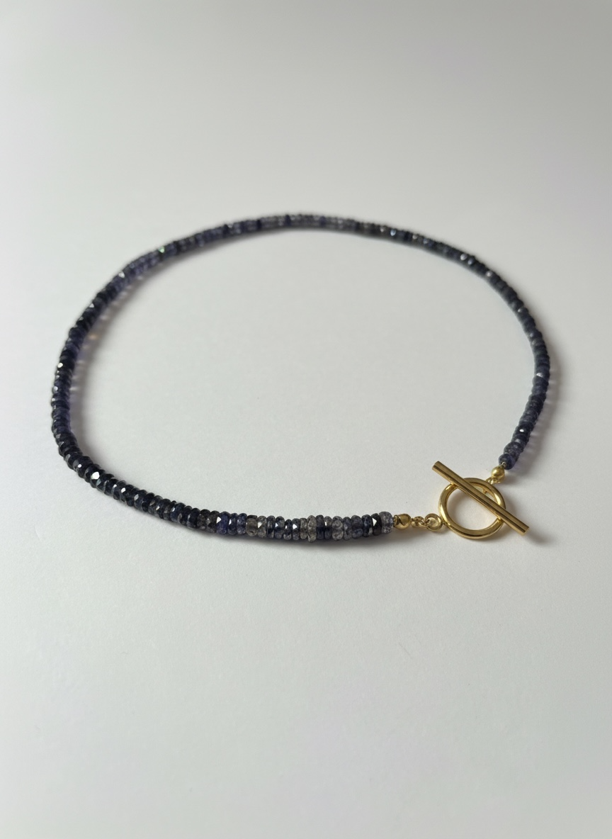 Natural Iolite Faceted Heishi Necklace with Gold Toggle Clasp