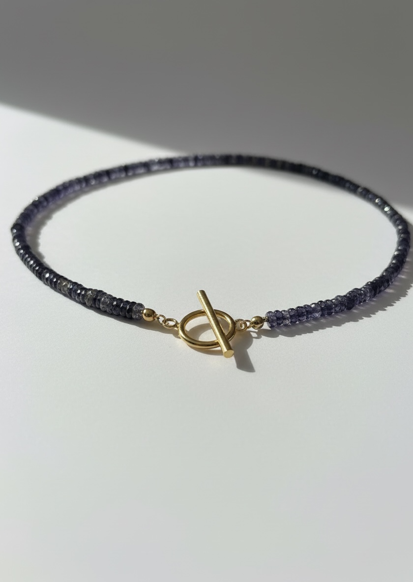 Natural Iolite Faceted Heishi Necklace with Gold Toggle Clasp