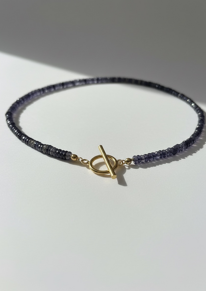 Natural Iolite Faceted Heishi Necklace with Gold Toggle Clasp
