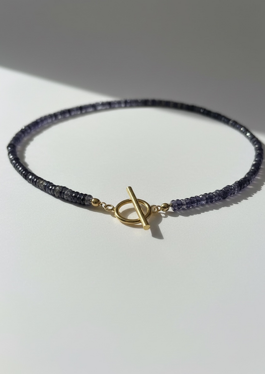 Natural Iolite Faceted Heishi Necklace with Gold Toggle Clasp