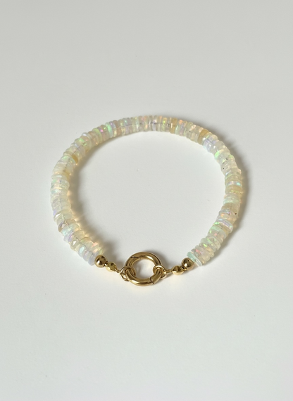 Natural Ethiopian Opal Faceted Heishi Bracelet with Round Gold Carabiner