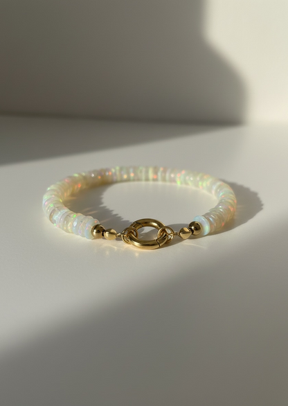 Natural Ethiopian Opal Faceted Heishi Bracelet with Round Gold Carabiner