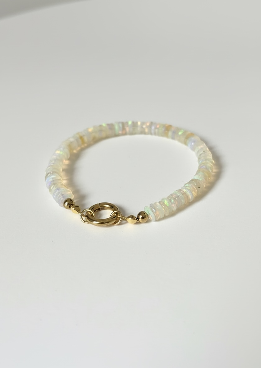 Natural Ethiopian Opal Faceted Heishi Bracelet with Round Gold Carabiner