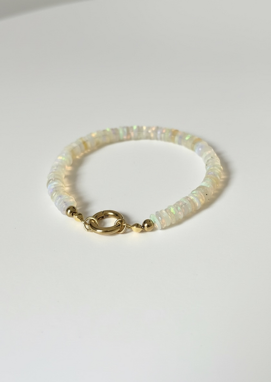 Natural Ethiopian Opal Faceted Heishi Bracelet with Round Gold Carabiner