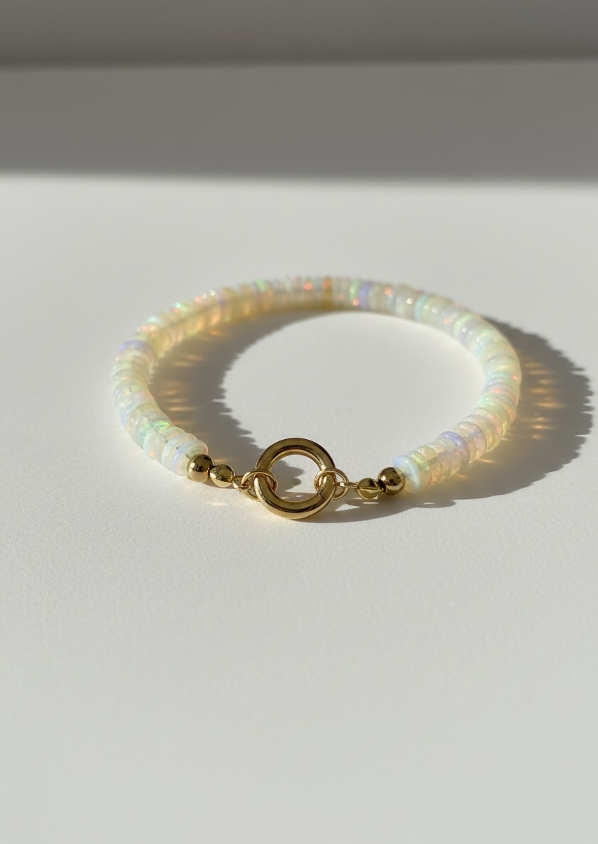 Natural Ethiopian Opal Faceted Heishi Bracelet with Round Gold Carabiner