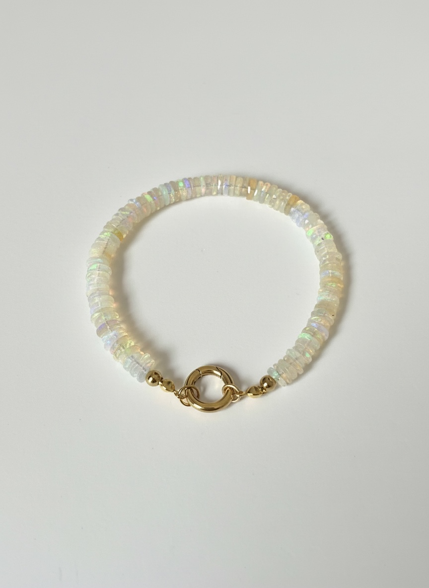 Natural Ethiopian Opal Faceted Heishi Bracelet with Round Gold Carabiner