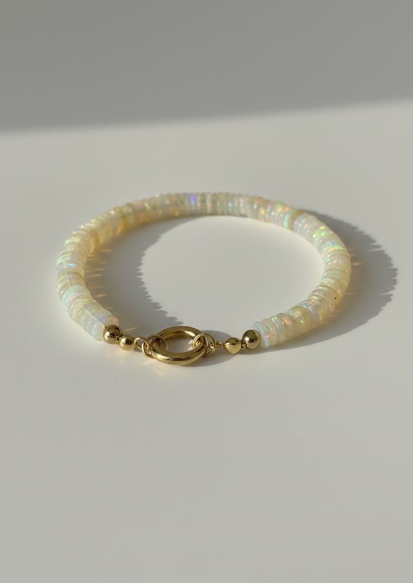 Natural Ethiopian Opal Faceted Heishi Bracelet with Round Gold Carabiner