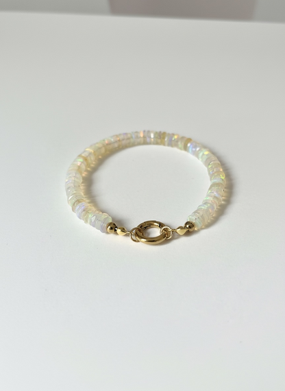 Natural Ethiopian Opal Faceted Heishi Bracelet with Round Gold Carabiner