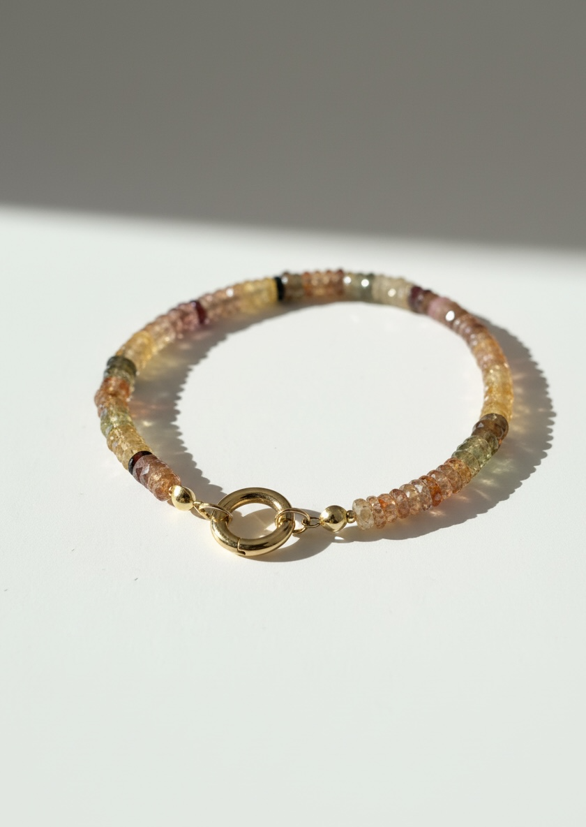 Faceted Natural Multi Zircon Heishi Bracelet with Round Gold Carabiner