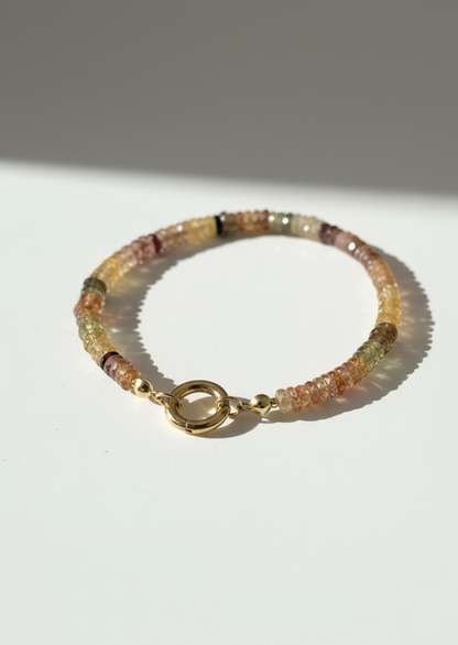 Faceted Natural Multi Zircon Heishi Bracelet with Round Gold Carabiner