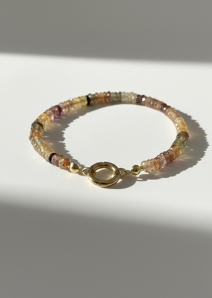 Faceted Natural Multi Zircon Heishi Bracelet with Round Gold Carabiner