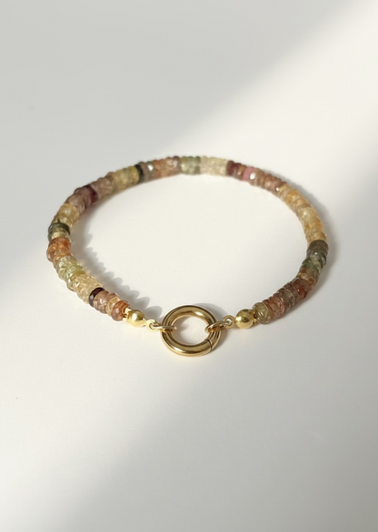Faceted Natural Multi Zircon Heishi Bracelet with Round Gold Carabiner