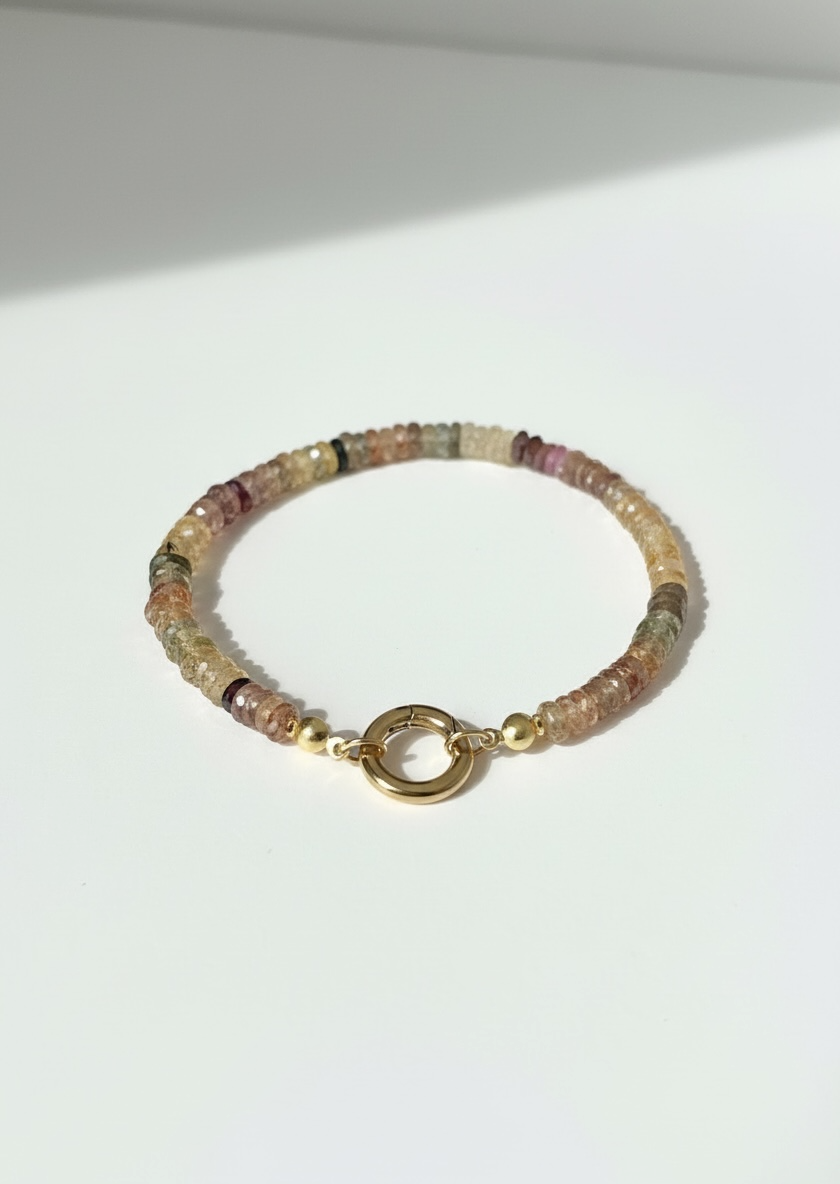 Faceted Natural Multi Zircon Heishi Bracelet with Round Gold Carabiner