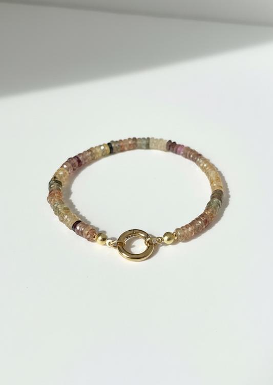 Faceted Natural Multi Zircon Heishi Bracelet with Round Gold Carabiner
