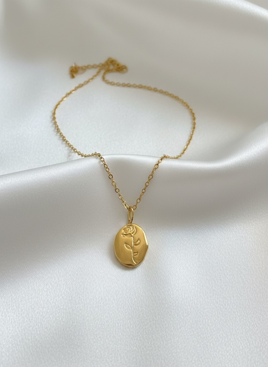 Waterproof Gold Oval Rose Pendant Necklace