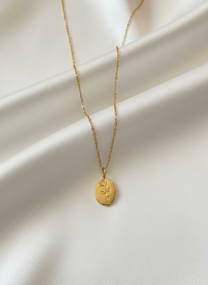 Waterproof Gold Oval Rose Pendant Necklace