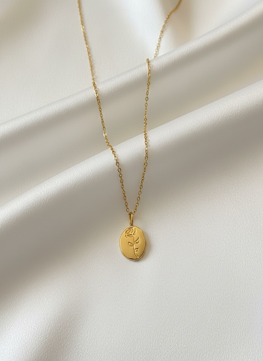 Waterproof Gold Oval Rose Pendant Necklace