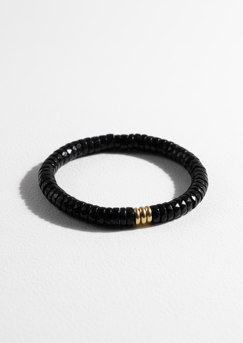 Faceted Black Tourmaline Heishi Stretch Bracelet with 3 Gold Beads