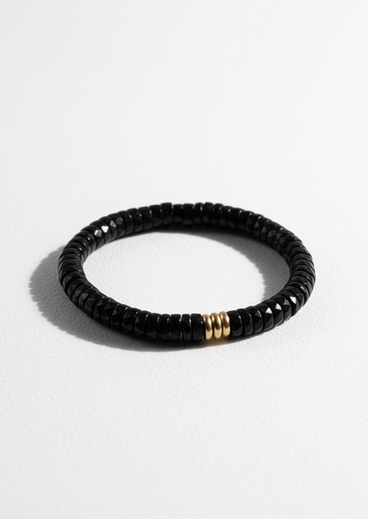 Faceted Black Tourmaline Heishi Stretch Bracelet with 3 Gold Beads